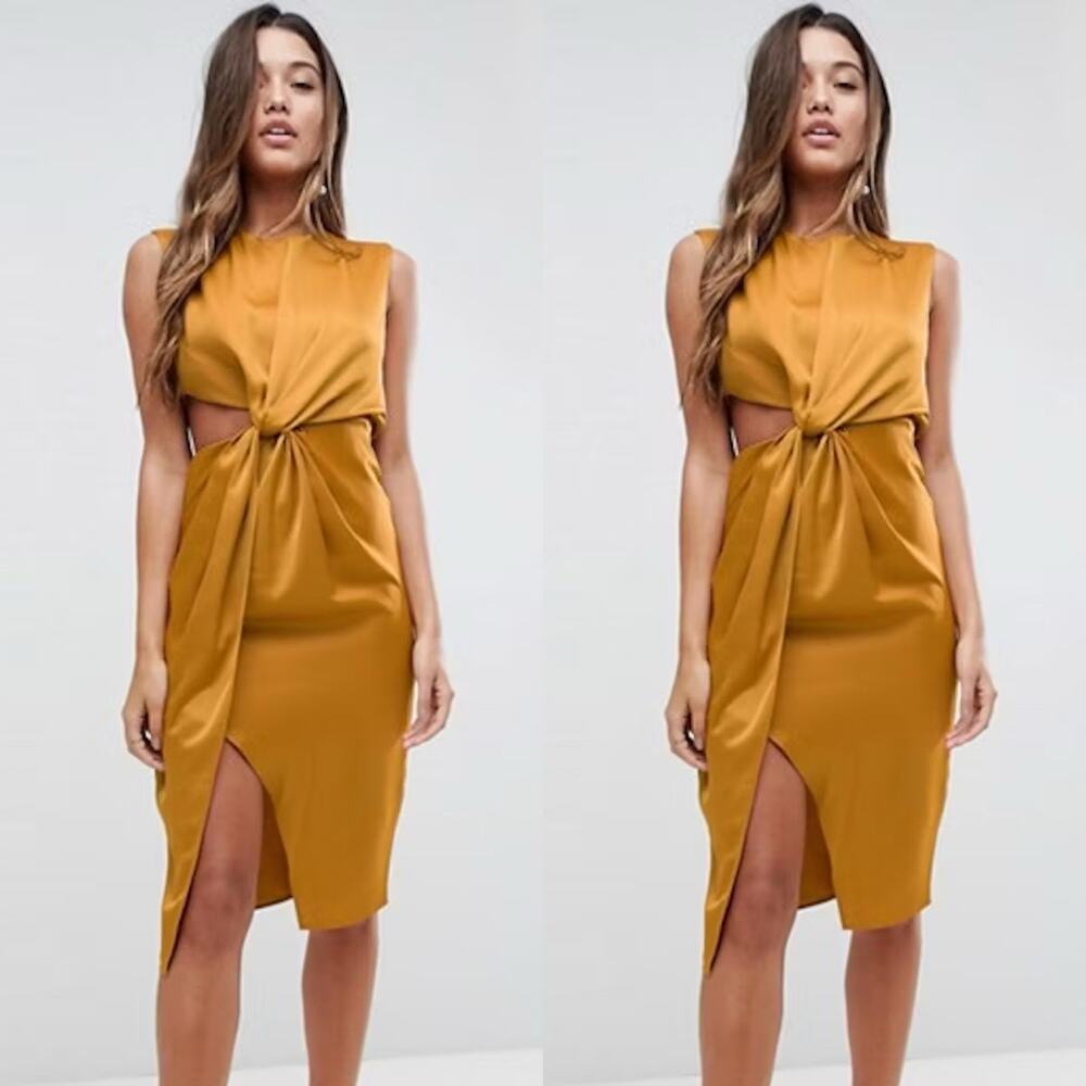 ASOS Golden Yellow Twist Front Satin Cutout Pencil Dress